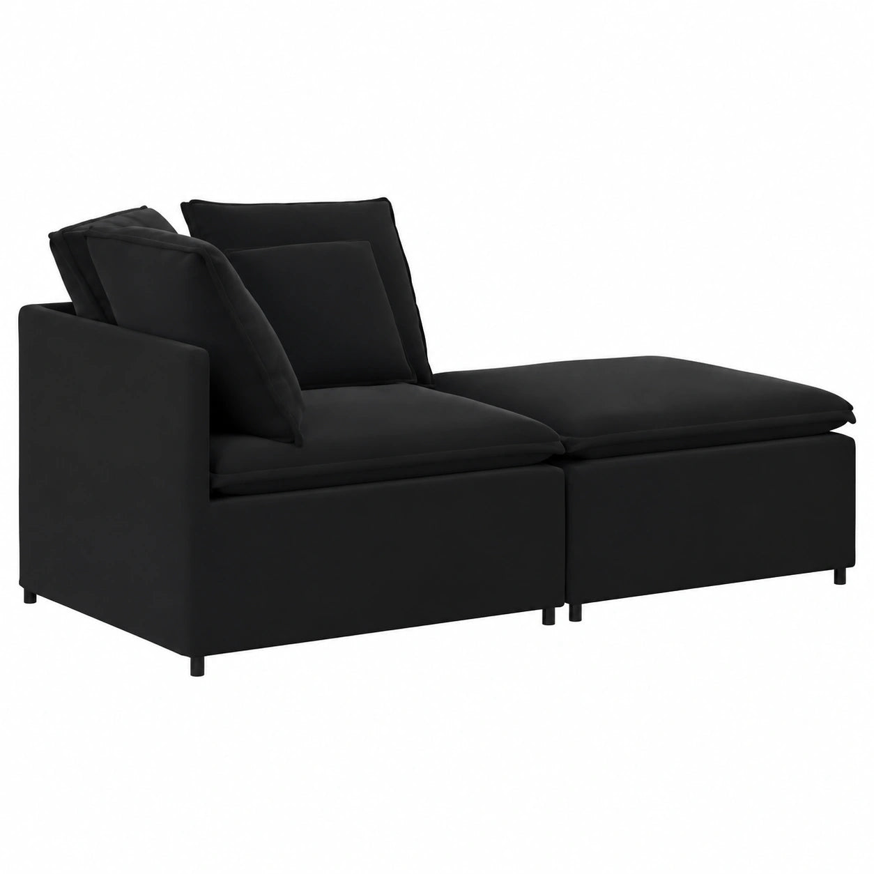 Divano Angolare Modulare in Velluto Nero con Poggiapiedi e Cuscini, Design Moderno e Struttura Robusta