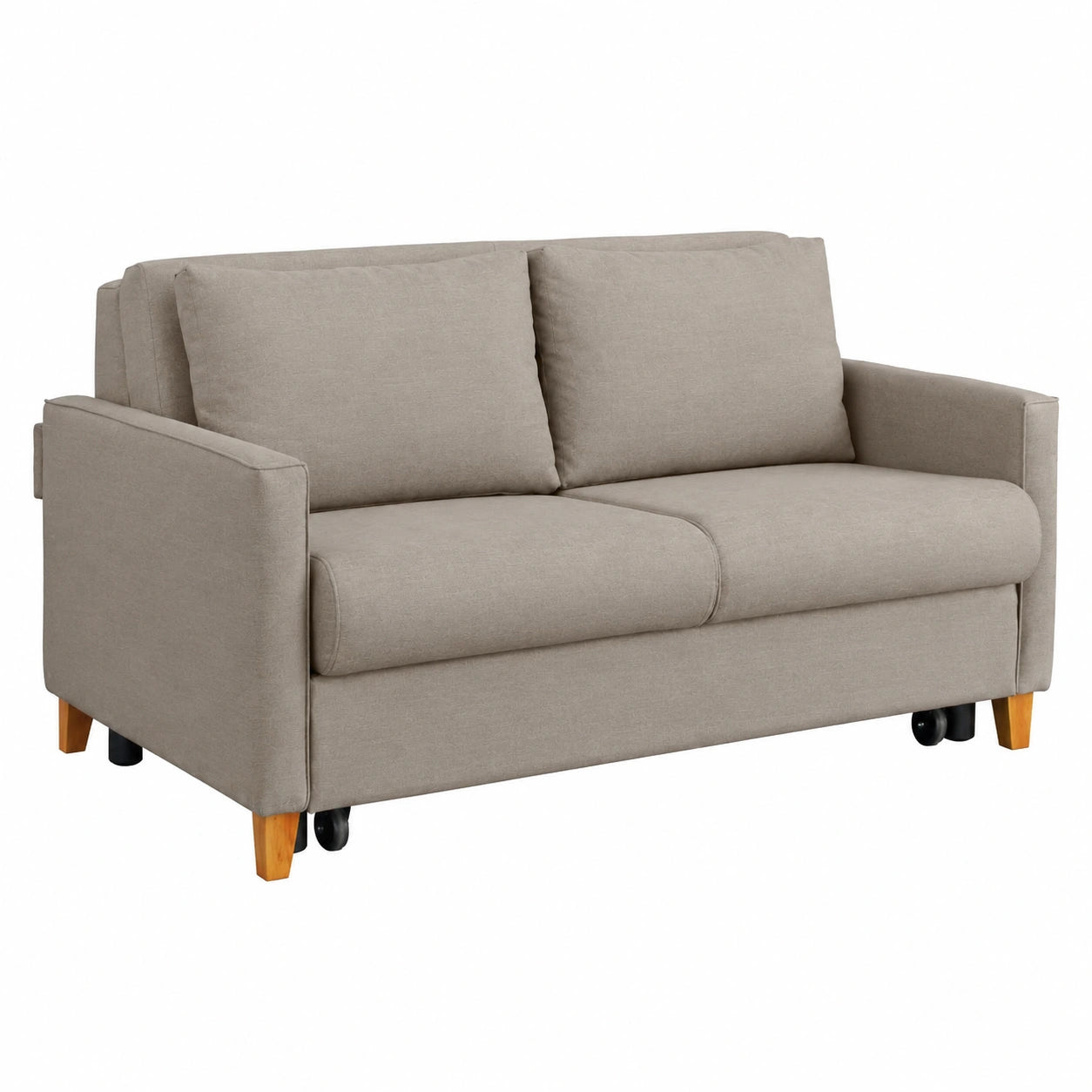 Divano Letto Moderno 2 Posti con Funzione Estraibile e Reclinabile, Zampe in Legno e Cuscini Inclusi, Materasso 140x190 - Modello Margot Colore Tortora