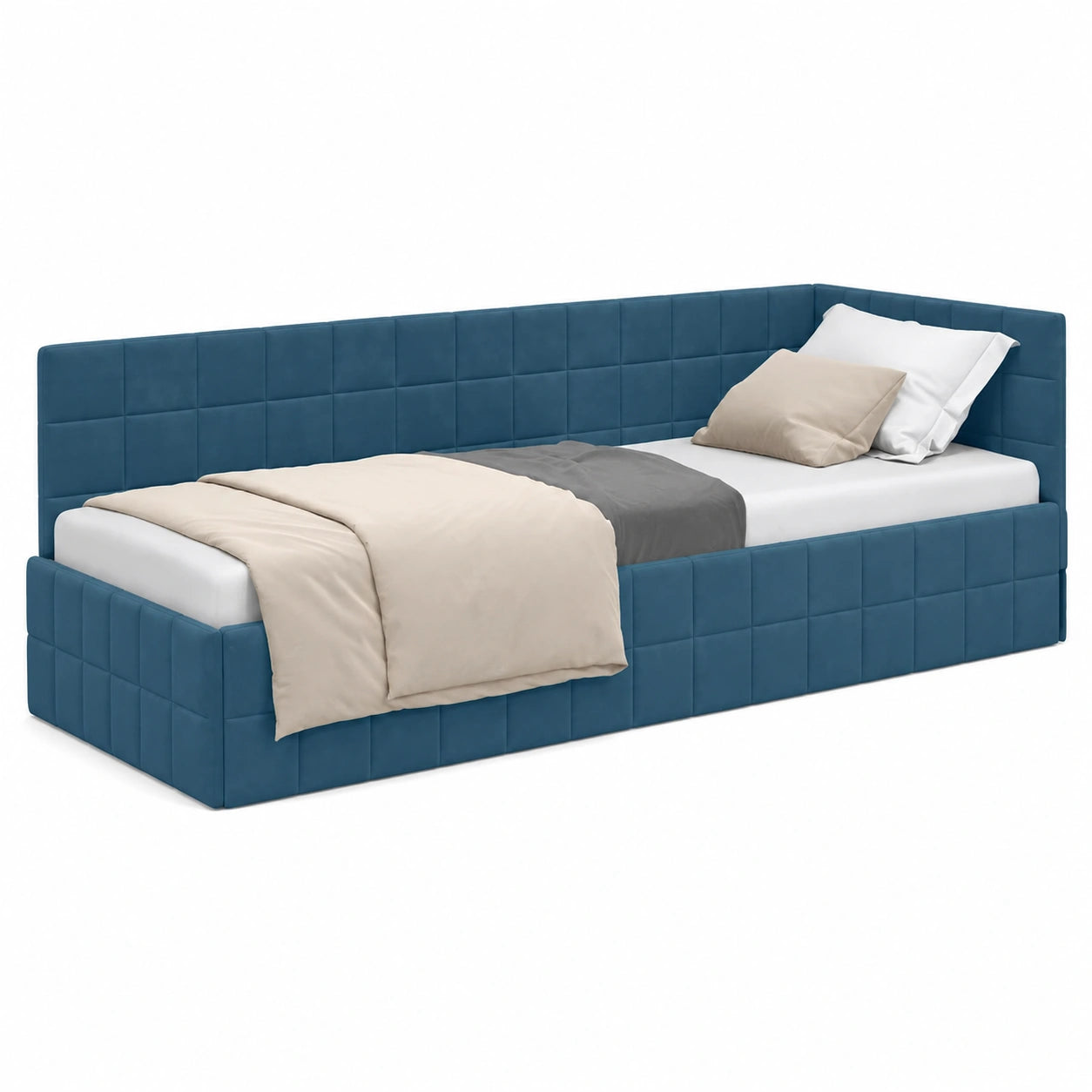 Struttura letto angolare in velluto blu 80x200 cm con testiera regolabile, design moderno a L, legno e metallo robusti, per salotto e camera