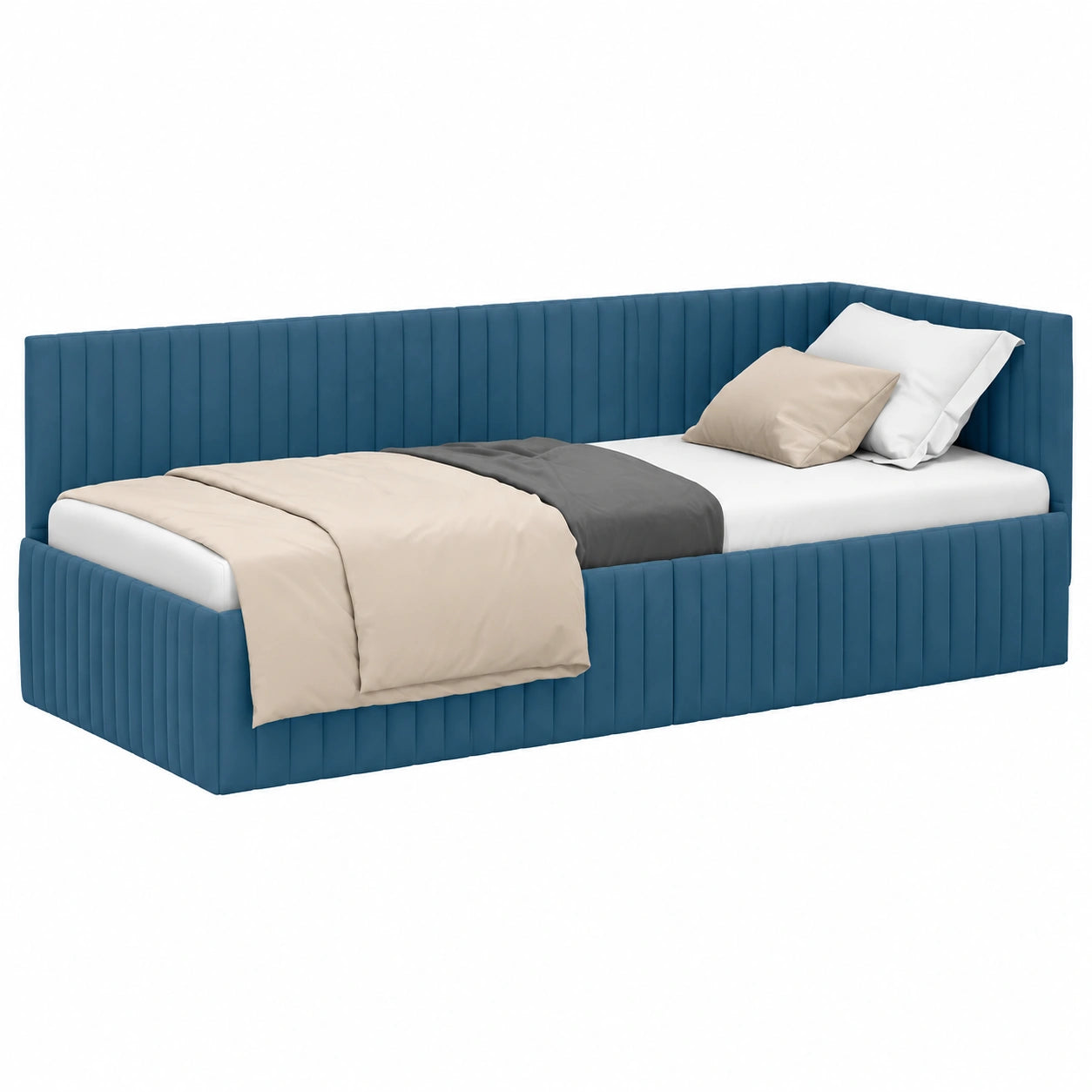 Letto angolare in velluto blu 80x200 cm con struttura stabile, design salvaspazio a L